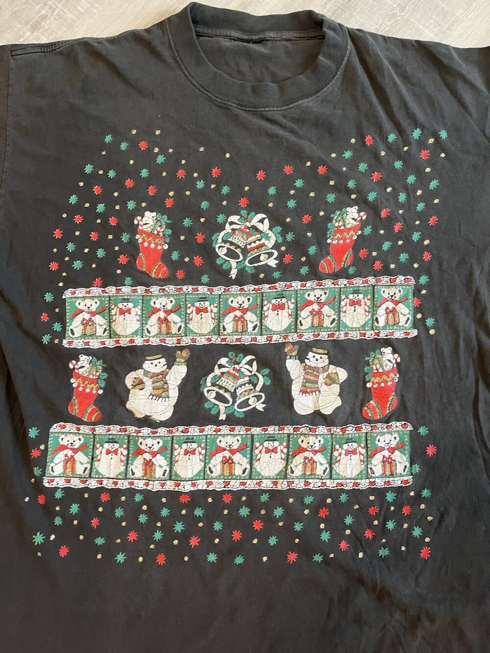 Vtg Christmas Holiday 90s Long Comic Sleep Art T-Shirt Tee Snowman Stockings OS